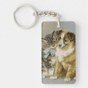 Vintage cat and dog intimate friendship key ring