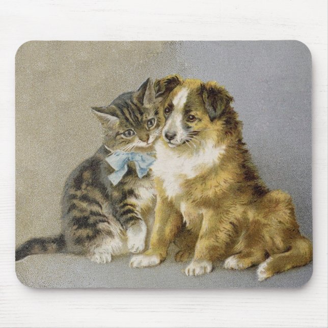 Vintage cat and dog intimate friendship  mouse pad (Front)