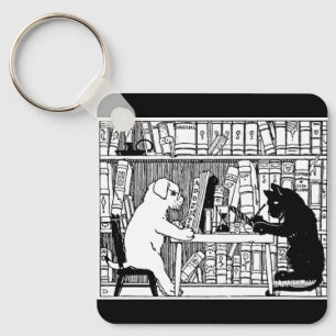 Vintage Cat and Dog Library Bookish Literary Key Ring