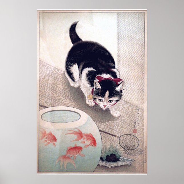 Vintage Cat and Goldfish Bowl Japanese Art Poster (Front)