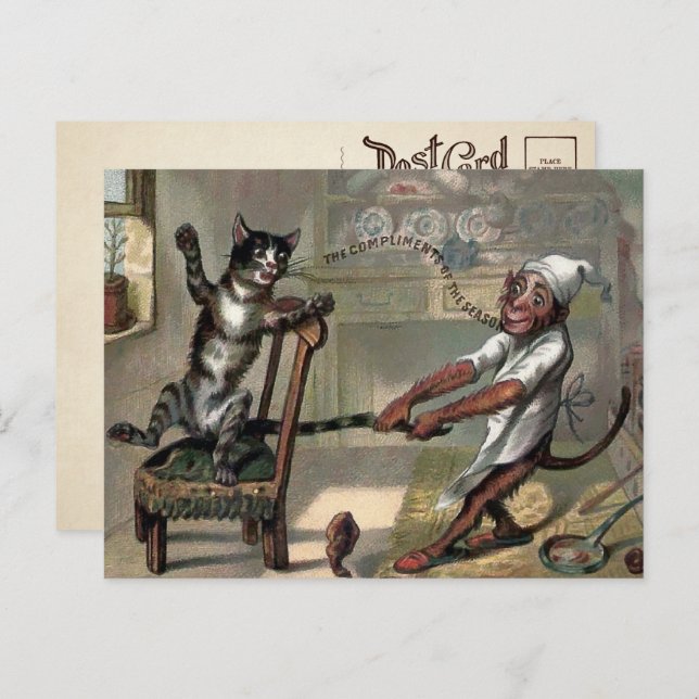 Vintage Cat and Monkey Christmas Postcard  (Front/Back)