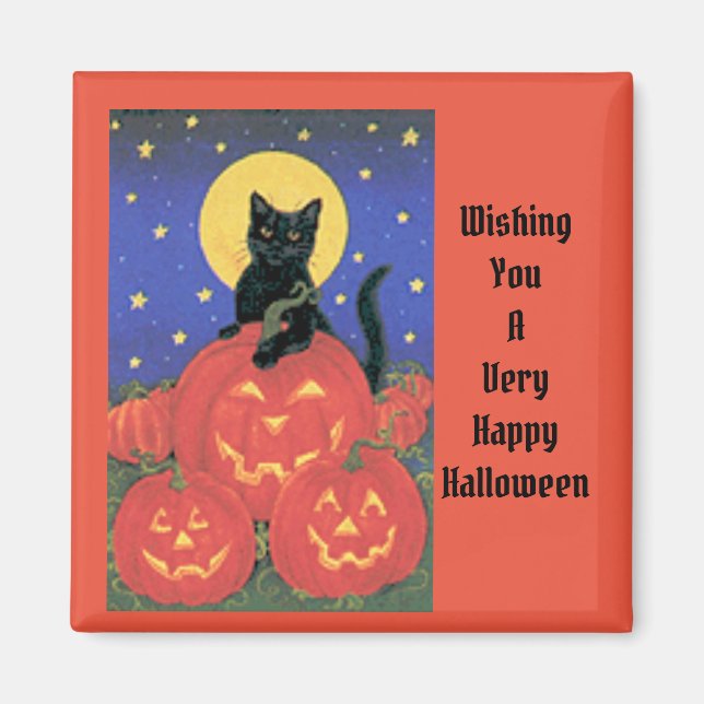 Vintage Cat And Pumpkins Halloween Magnet (Front)