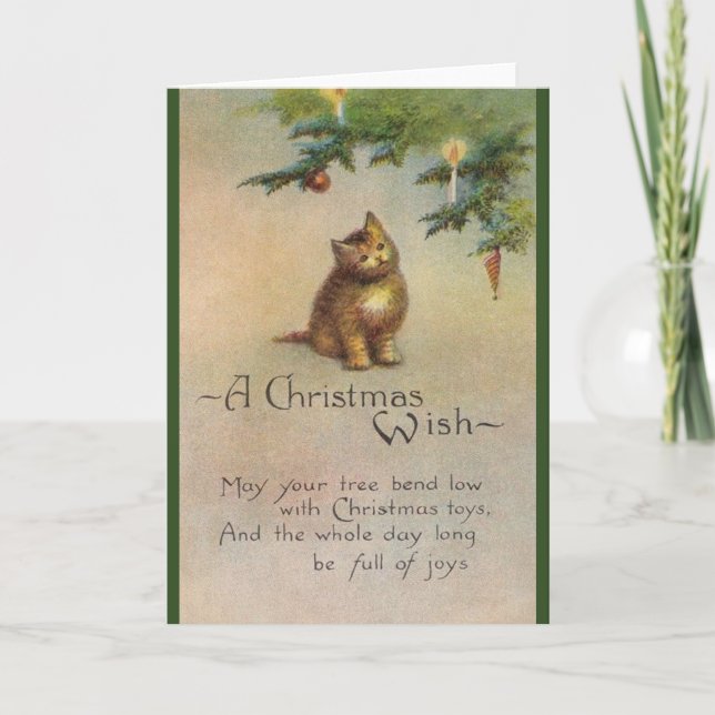 Vintage Cat and Tree Christmas Greeting Card (Front)