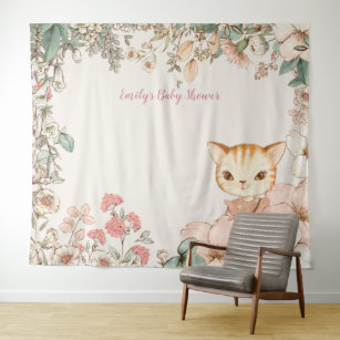 Vintage Cat Baby Shower Backdrop landscape Cream Tapestry