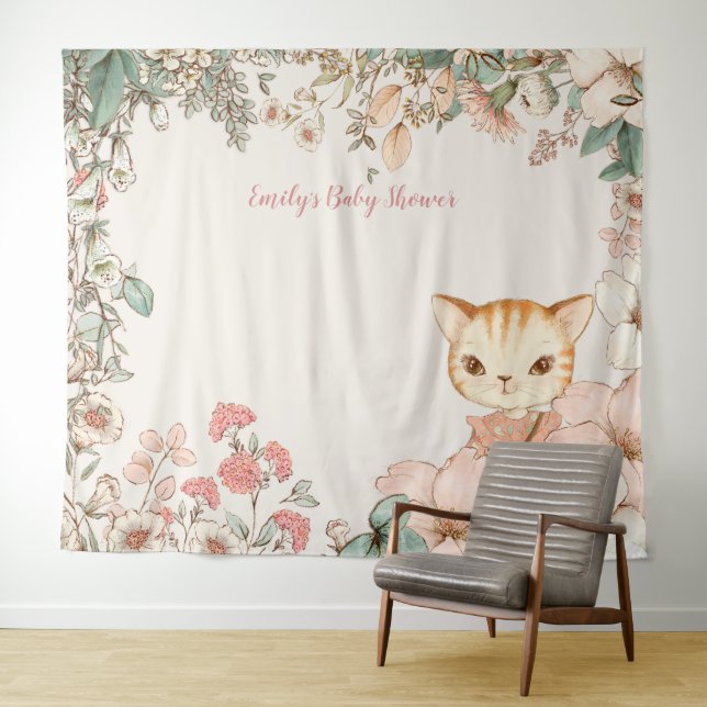 Vintage Cat Baby Shower Backdrop landscape Cream Tapestry (In Situ (Horizontal))