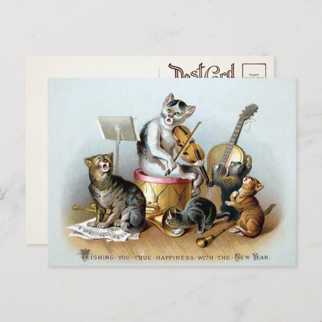 Vintage Cat Band New Year Postcard (Front/Back)