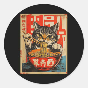 Vintage Cat Eating Ramen Noodles Japanese Art  Classic Round Sticker