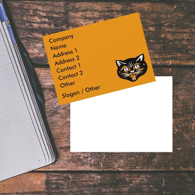 Vintage Cat Face Business Card Template (Fun vintage black cat Halloween face with orange white accents on orange business cards.)