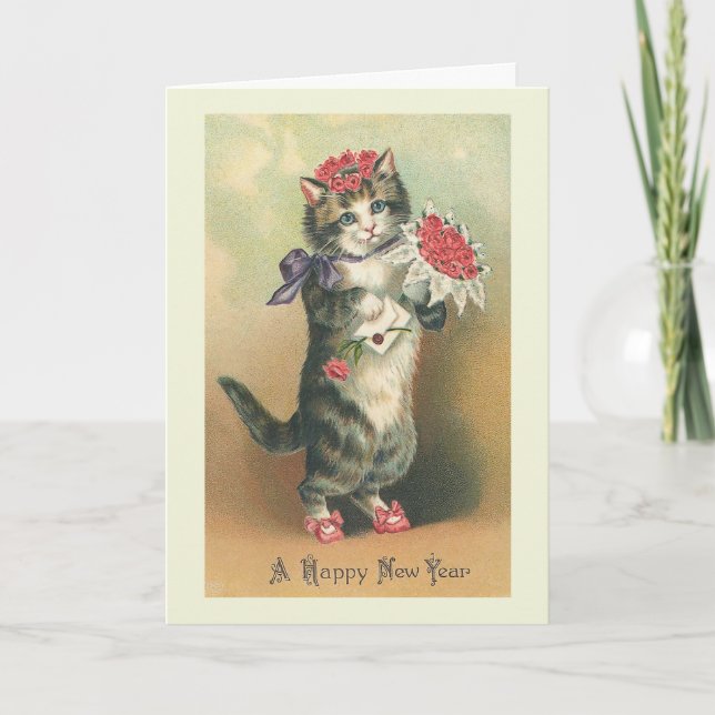 "Vintage Cat Happy New Year" Greeting Card (Front)