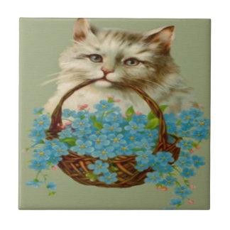 Vintage Cat Holding Basket of Flowers Tile