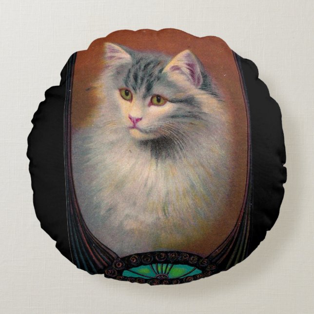 Vintage cat illustration art nouveau elegant round cushion (Front)