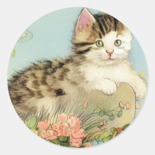 Vintage Cat Illustration with Pink Flowers Classic Round Sticker