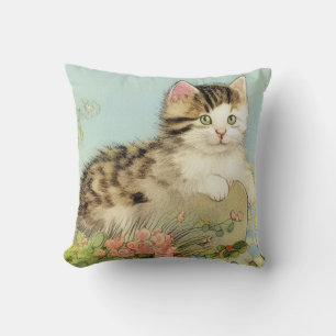 Vintage Cat Illustration with Pink Flowers Cushion