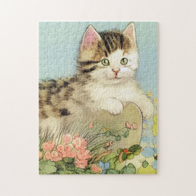 Vintage Cat Illustration with Pink Flowers Jigsaw Puzzle (Vertical)