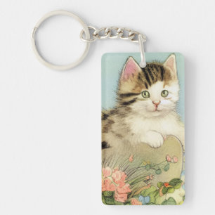 Vintage Cat Illustration with Pink Flowers Key Ring
