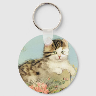 Vintage Cat Illustration with Pink Flowers Key Ring