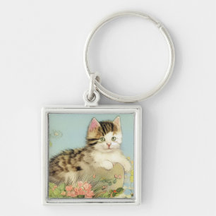 Vintage Cat Illustration with Pink Flowers Key Ring