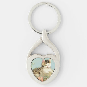 Vintage Cat Illustration with Pink Flowers Key Ring