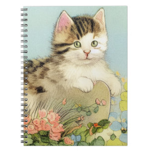 Vintage Cat Illustration with Pink Flowers Notebook
