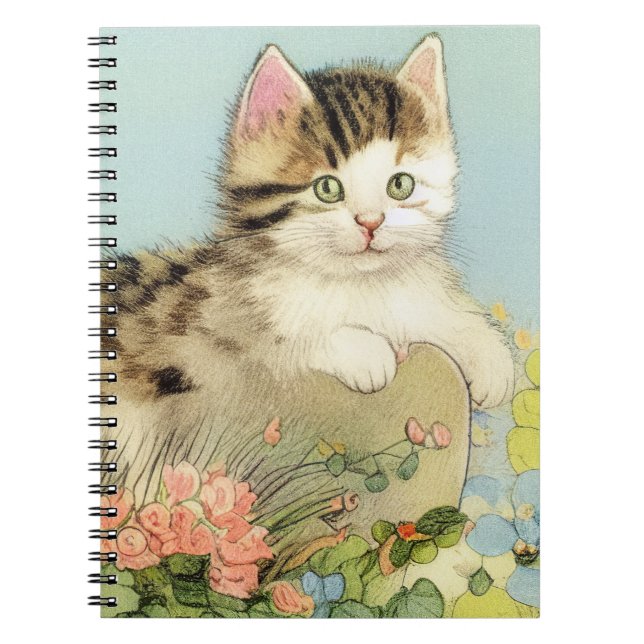 Vintage Cat Illustration with Pink Flowers Notebook (Front)
