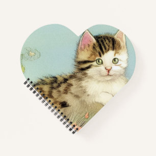 Vintage Cat Illustration with Pink Flowers Notebook