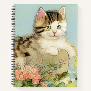 Vintage Cat Illustration with Pink Flowers Notebook