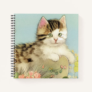 Vintage Cat Illustration with Pink Flowers Notebook