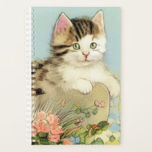 Vintage Cat Illustration with Pink Flowers Planner
