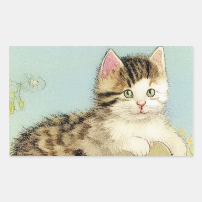 Vintage Cat Illustration with Pink Flowers Rectangular Sticker (Front)
