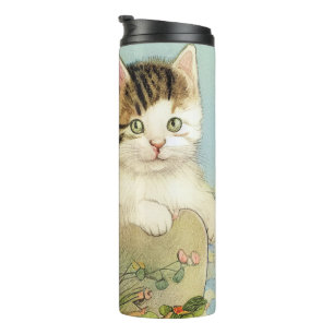 Vintage Cat Illustration with Pink Flowers Thermal Tumbler