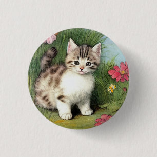 Vintage Cat Illustration with Red Flowers 3 Cm Round Badge