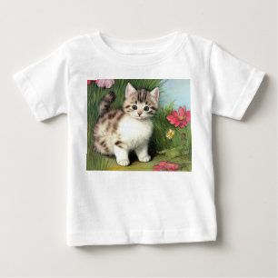 Vintage Cat Illustration with Red Flowers Baby T-Shirt