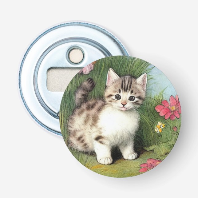 Vintage Cat Illustration with Red Flowers Bottle Opener (Front)