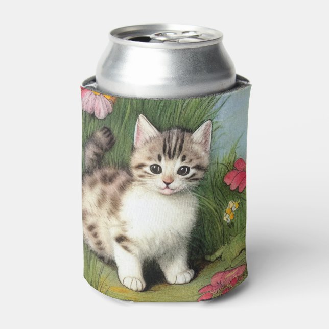 Vintage Cat Illustration with Red Flowers Can Cooler (Can Front)