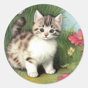 Vintage Cat Illustration with Red Flowers Classic Round Sticker