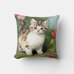 Vintage Cat Illustration with Red Flowers Cushion