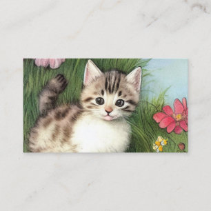 Vintage Cat Illustration with Red Flowers Enclosure Card