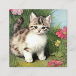 Vintage Cat Illustration with Red Flowers Enclosure Card