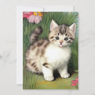 Vintage Cat Illustration with Red Flowers Invitation