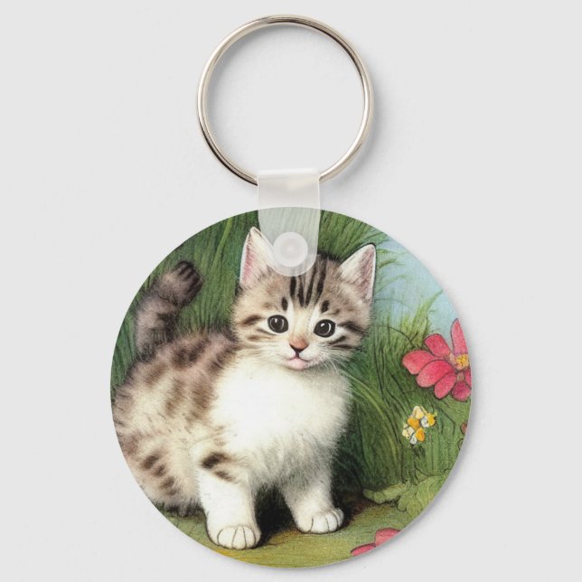 Vintage Cat Illustration with Red Flowers Key Ring (Front)