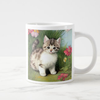 Vintage Cat Illustration with Red Flowers Large Coffee Mug