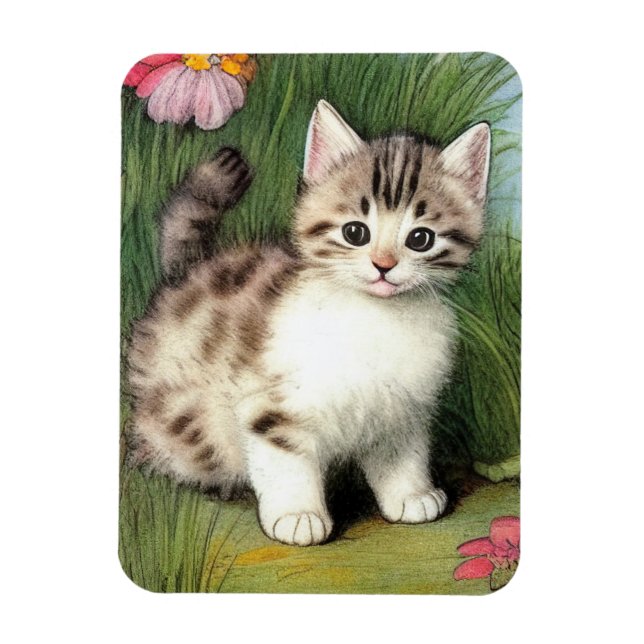Vintage Cat Illustration with Red Flowers Magnet (Vertical)