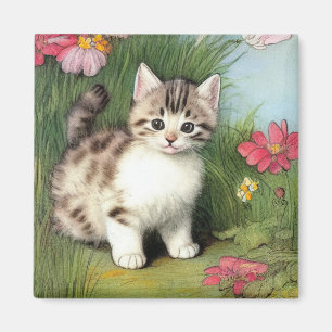 Vintage Cat Illustration with Red Flowers Magnet