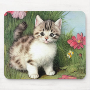 Vintage Cat Illustration with Red Flowers Mouse Pad