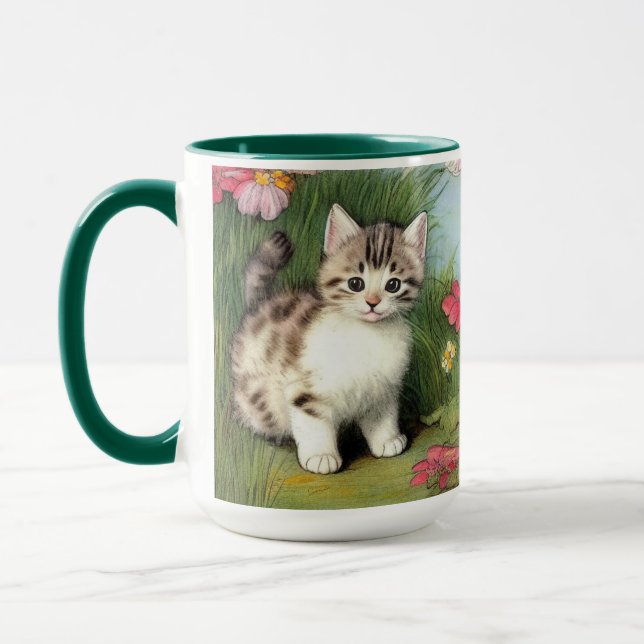 Vintage Cat Illustration with Red Flowers Mug (Left)