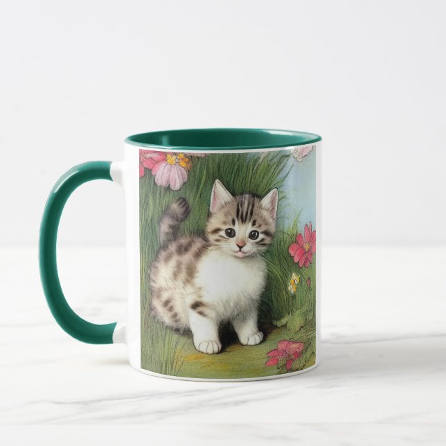 Vintage Cat Illustration with Red Flowers Mug (Left)