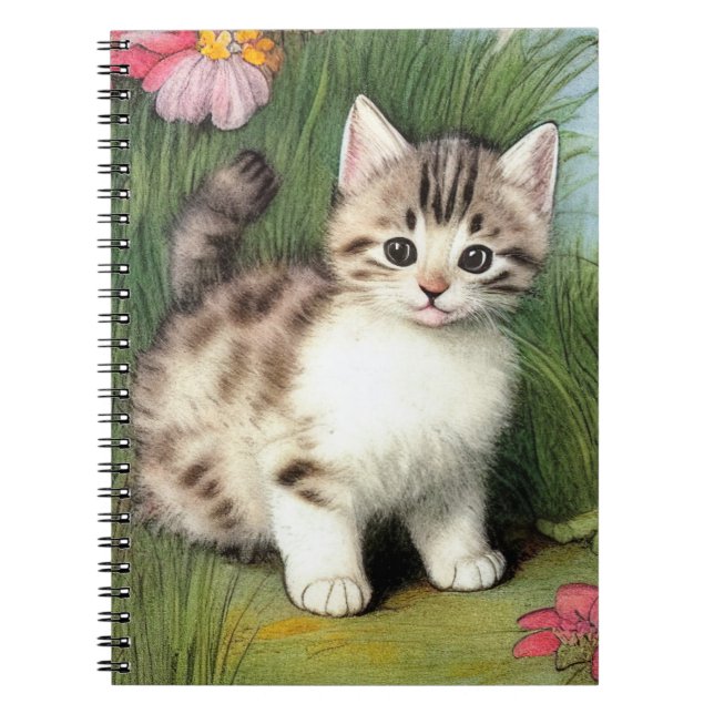 Vintage Cat Illustration with Red Flowers Notebook (Front)