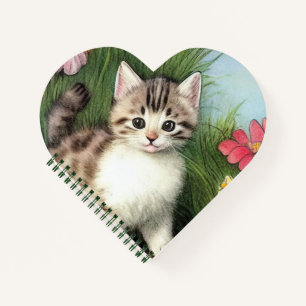 Vintage Cat Illustration with Red Flowers Notebook