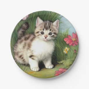 Vintage Cat Illustration with Red Flowers Paper Plate