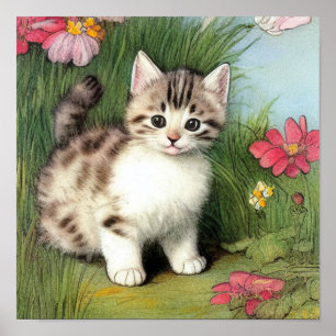 Vintage Cat Illustration with Red Flowers Poster